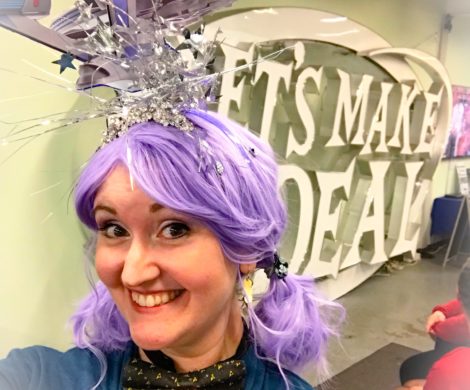 Laci Morgan in a purple wig at Let's Make a Deal