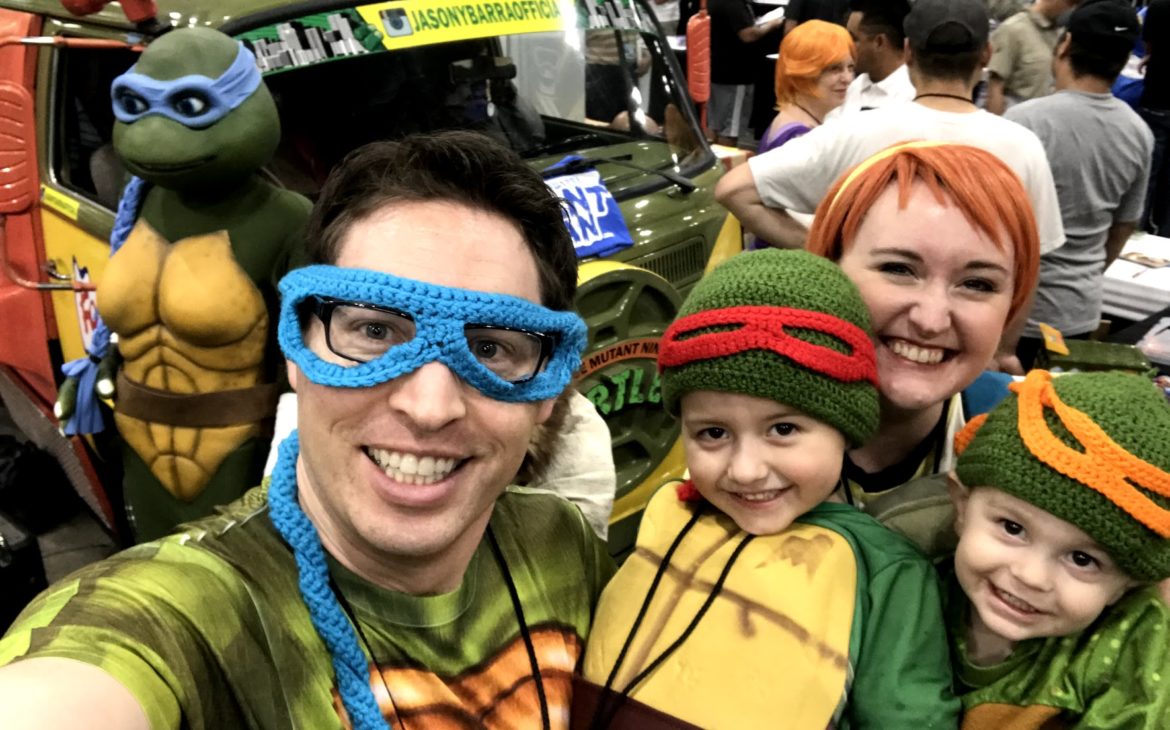 The Morgan family dressed in cosplay as Teenage Mutant Ninja Turtles