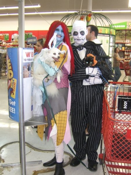 The Morgans dressed in costume as Jack and Sally from the Nightmare Before Christmas