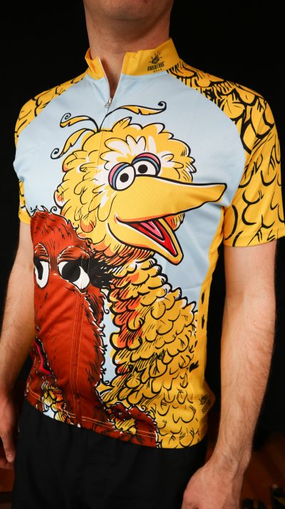 Front View of the Sesame Street Cycling Jersey from Brainstorm Gear, featuring Big Bird and Snuffleupagus