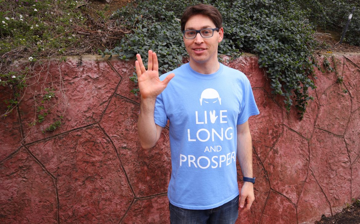 Man wearing a blue Spock live long and prosper tee shirt