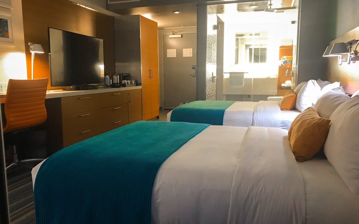 A standard double queen bed room at The Shore Hotel Santa Monica