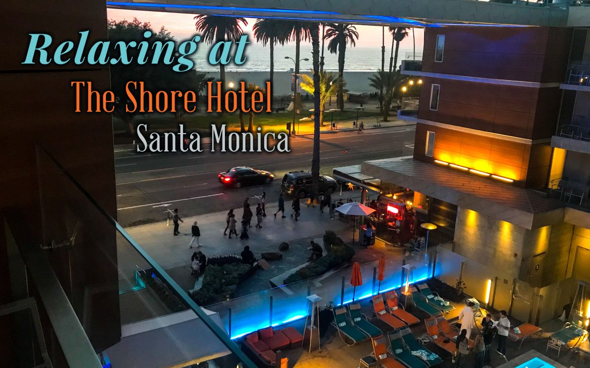 view from an ocean view balcony of The Shore Hotel in Santa Monica, overlooking the pool and the beach