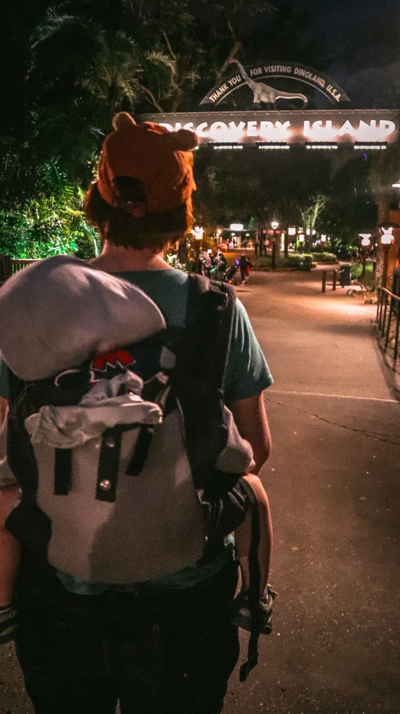 A mom carrying her toddler on her back at Disney's Animal Kingdom, in a Lillebaby CarryOn All Seasons baby carrier