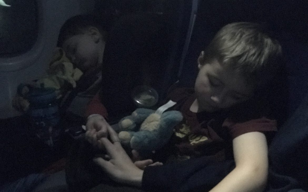 Two little boys sleeping on an airplane