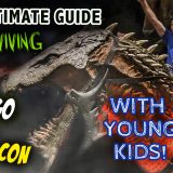 A dad and kid riding a dragon at San Diego Comic Con, with the caption, The Ultimate Guide to Surviving SDCC with Young Kids