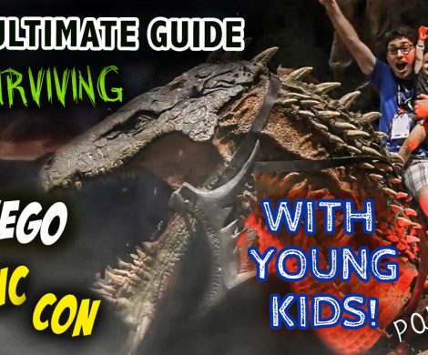 A dad and kid riding a dragon at San Diego Comic Con, with the caption, The Ultimate Guide to Surviving SDCC with Young Kids