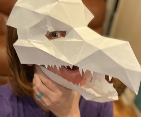 A woman dressed in a Skeksis paper mask from the Dark Crystal