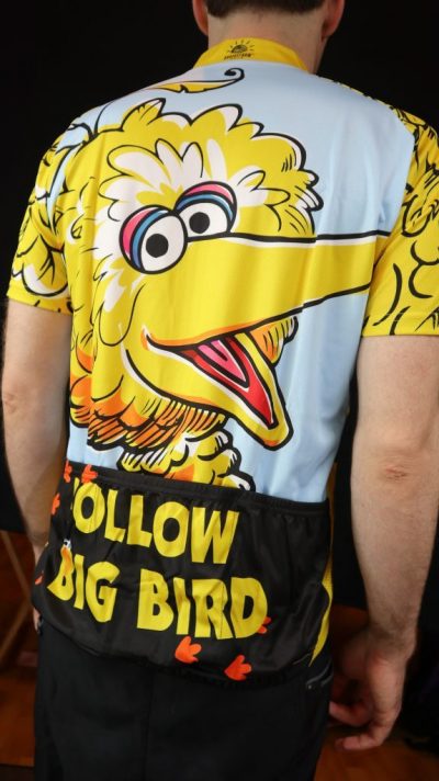 Back View of the Sesame Street cycling jersey by brainstorm, featuring Big Bird